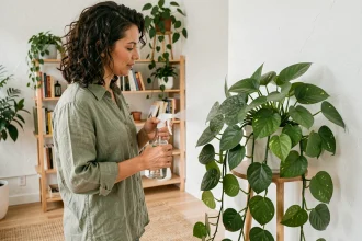 Femme prenant soin d'un pothos dans un salon épuré aux plantes dépolluantes