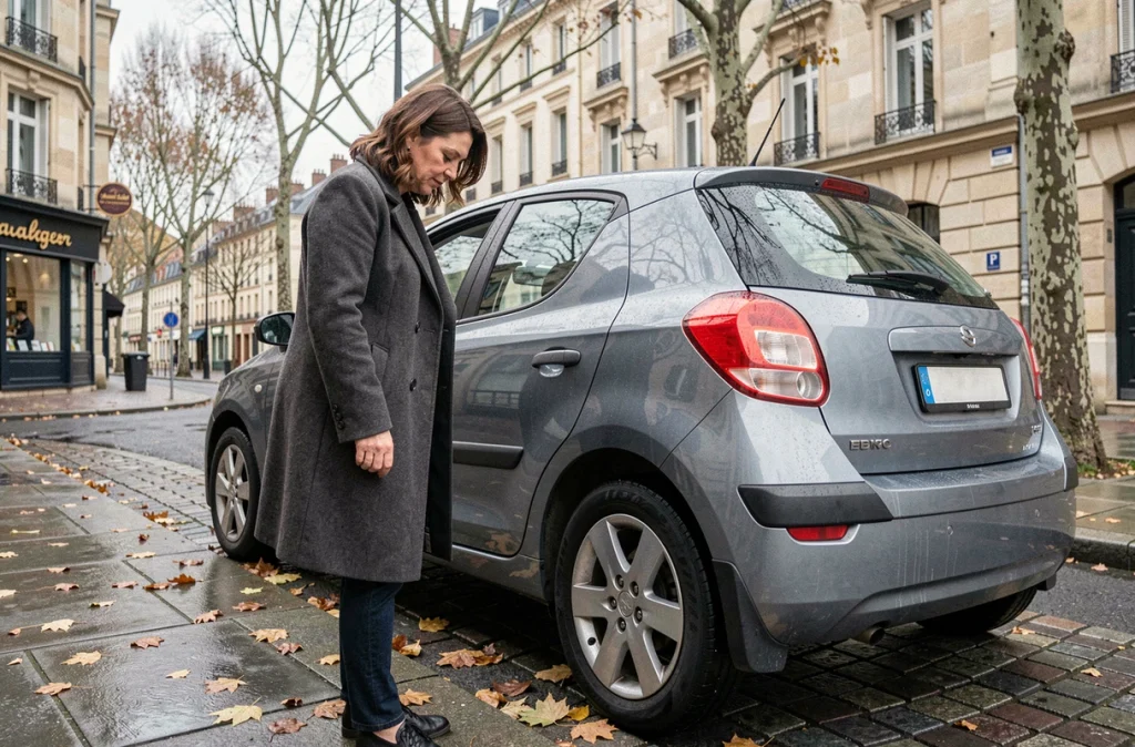 Femme inspectant le pneu quatre saisons de sa voiture dans une rue parisienne mouillée en automne