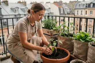 Femme installant un potager sur son balcon urbain avec des plants de tomates et des herbes aromatiques dans des jardinières en terre cuite