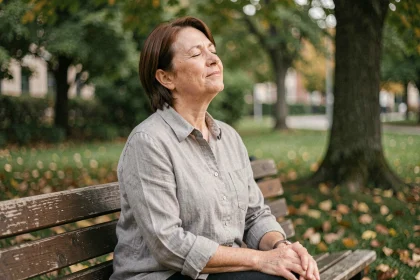 Femme d'âge mûr respirant profondément dans un parc, symbolisant la régénération pulmonaire après l'arrêt du tabac