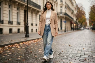 Jeune femme portant une veste oversize beige dans les rues de Paris en automne
