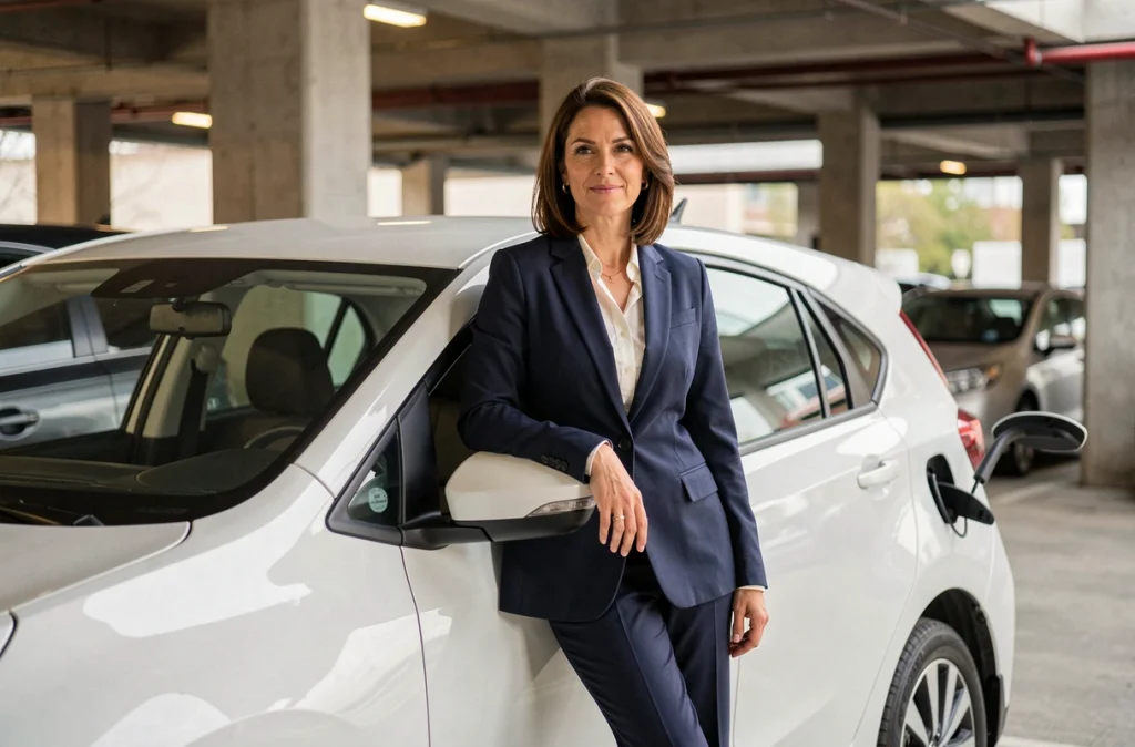 Une femme d'une quarantaine d'années appuyée contre une voiture hybride blanche dans un parking urbain avec borne de recharge