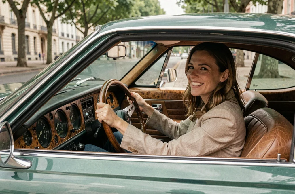 Femme au volant d'un coupé classique vert anglais lors d'une location de voiture ancienne en ville
