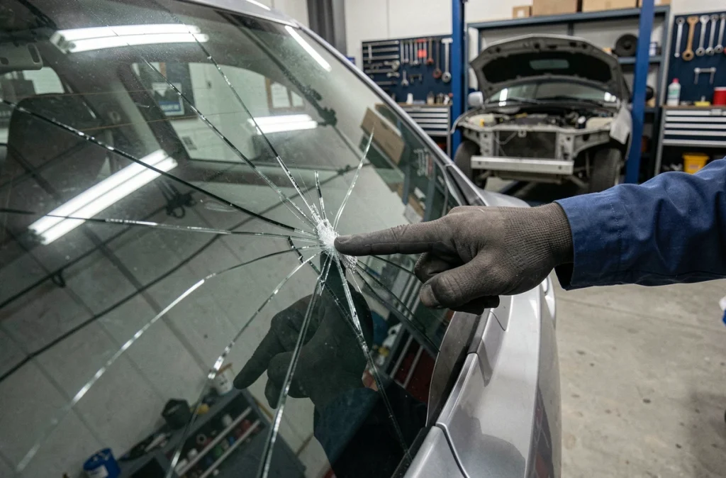 Technicien désignant une fissure sur un pare-brise dans un atelier de réparation automobile professionnel