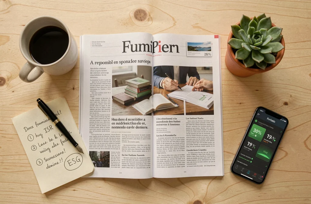 Composition flat-lay d'objets liés à l'épargne responsable : magazine financier, carnet de notes ISR, plante verte et application de portefeuille sur smartphone