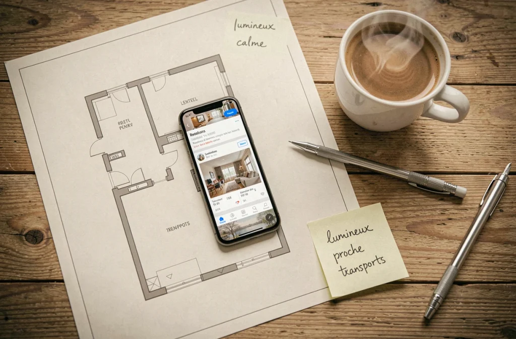 Flat-lay d'outils de rédaction d'annonce immobilière pour louer un appartement avec plan et notes manuscrites