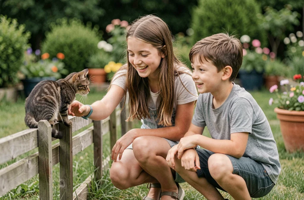 Frère et sœur adolescents observant un chat tigré perché sur une clôture en bois dans un jardin verdoyant