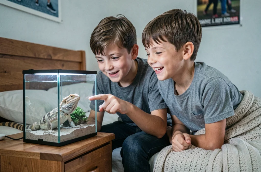 Deux frères fascinés par leur lézard pogona dans un terrarium posé sur une table de chevet dans leur chambre