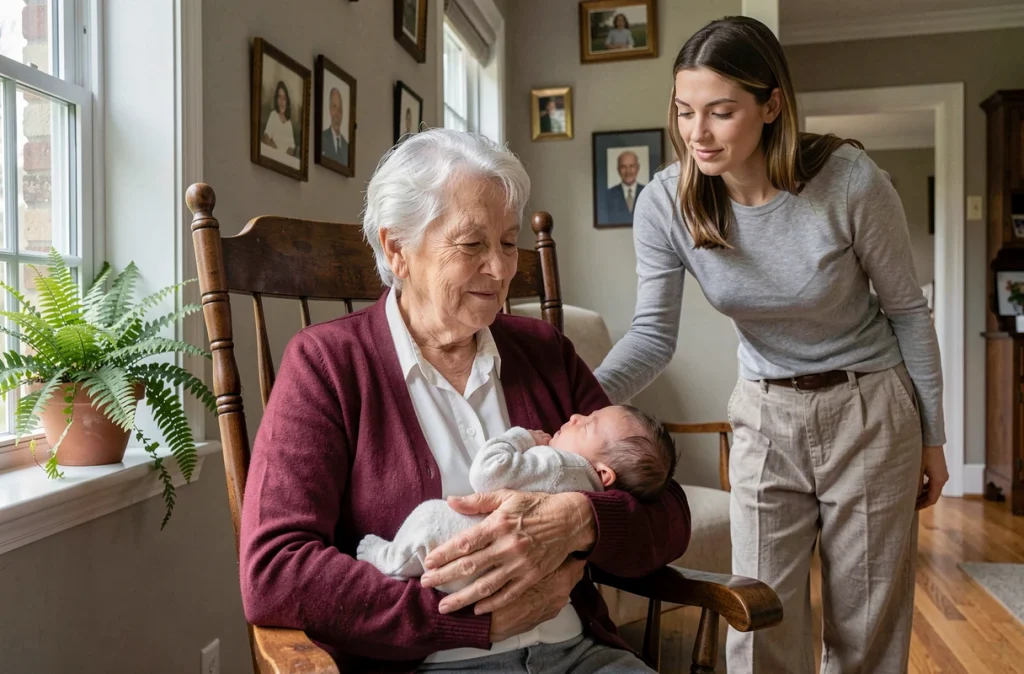 Grand-mère tenant avec tendresse son petit-enfant nouveau-né dans ses bras dans un fauteuil à bascule, avec la jeune mère souriante en arrière-plan