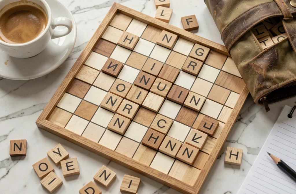 Gros plan sur un plateau de Scrabble avec les lettres I et N posées sur la grille, accompagnées d'un carnet de score dans un café