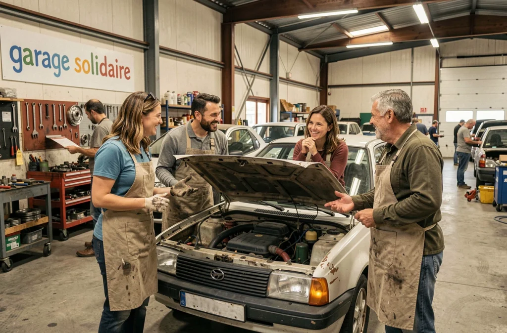 Groupe de bénéficiaires et bénévoles autour d'une voiture dans un grand garage solidaire en ville
