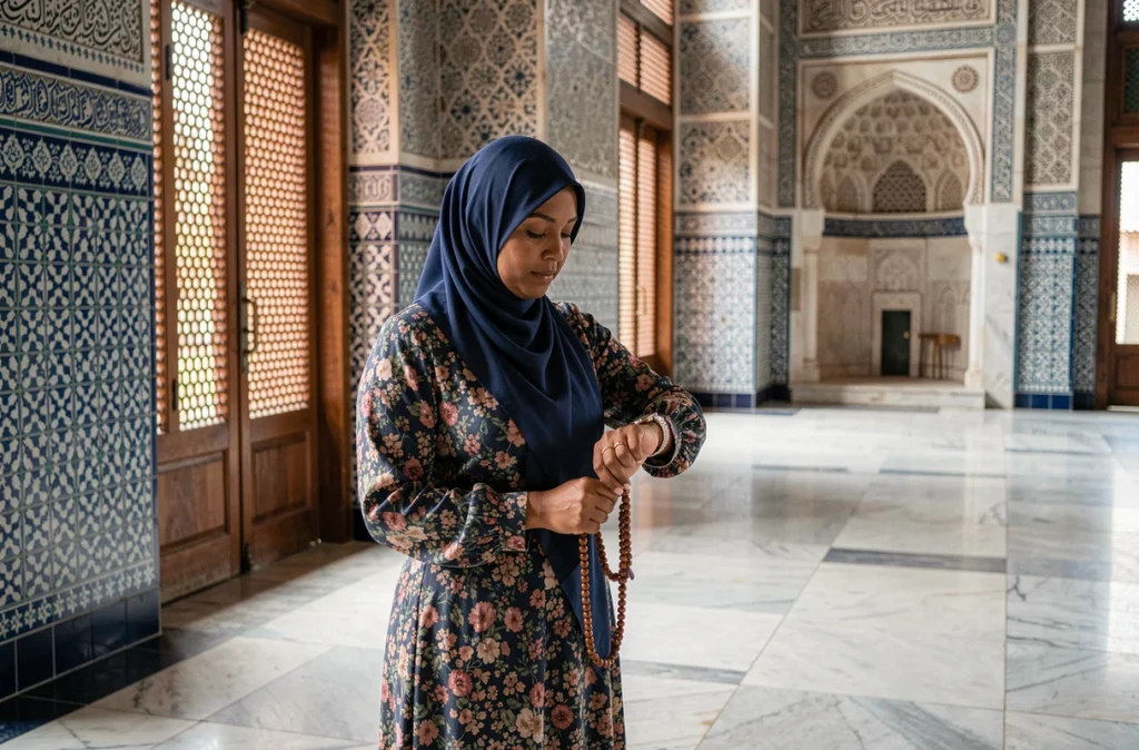 Femme musulmane vérifiant l'heure de prière dans une mosquée du 19ème arrondissement de Paris