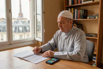 Homme musulman consultant les horaires de prière islamique à Paris 19 avec un tableau imprimé et une application mobile