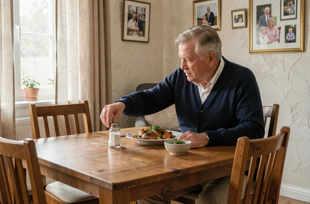 Homme âgé à table hésitant avant de saler son repas, illustrant les efforts pour réduire la consommation de sel et limiter les risques d'hypertension artérielle