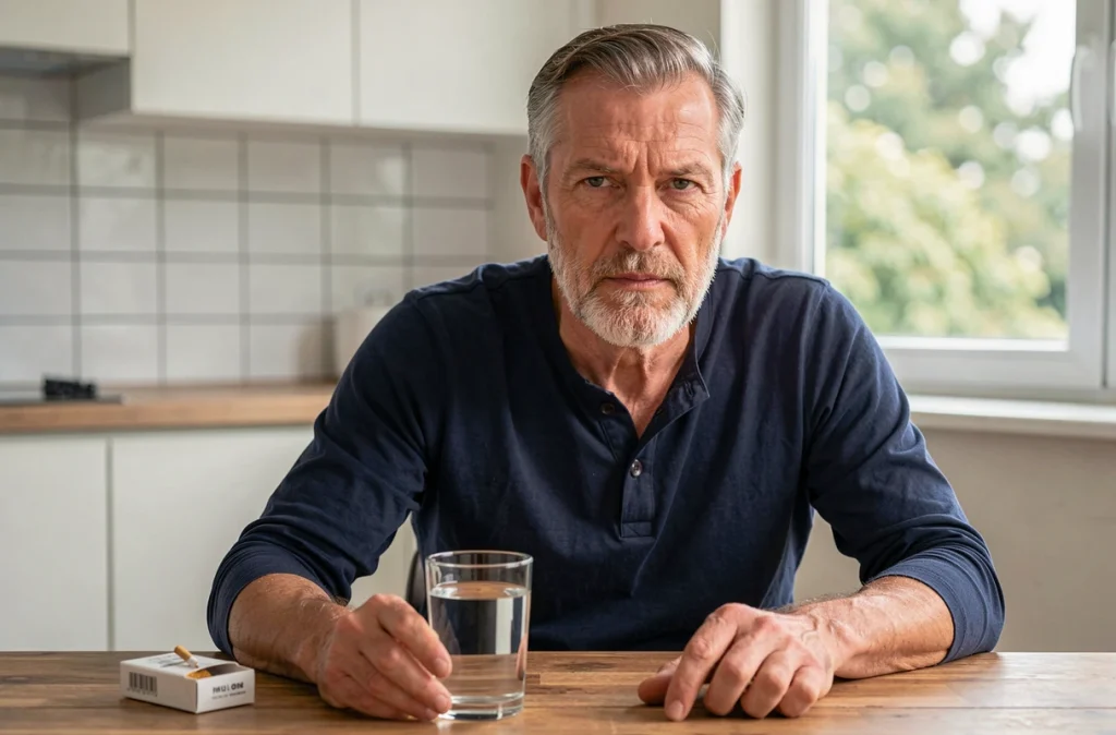 Homme décidé ayant posé son paquet de cigarettes sur une table de cuisine, illustrant la décision d'arrêter de fumer pour la santé pulmonaire