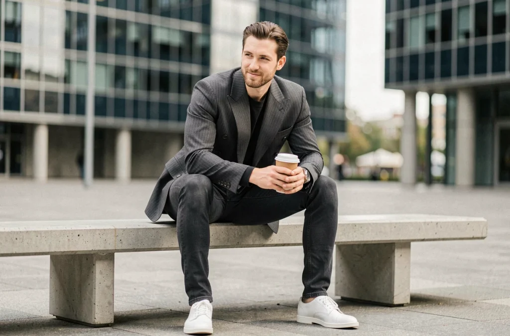 Homme en blazer croisé gris à fines rayures assis dans une place urbaine moderne, look contemporain décontracté