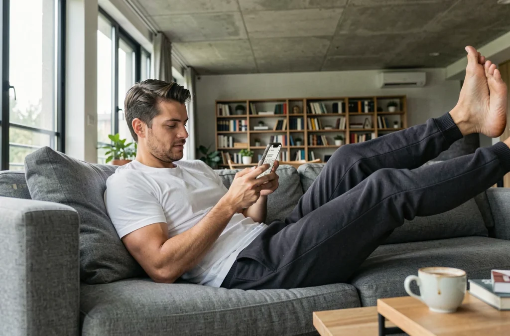 Homme lisant un manga en version française sur smartphone allongé sur un canapé moderne