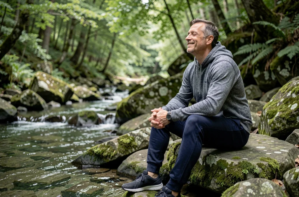 Homme méditant sur des rochers au bord d'un ruisseau en forêt pour gérer le stress au naturel