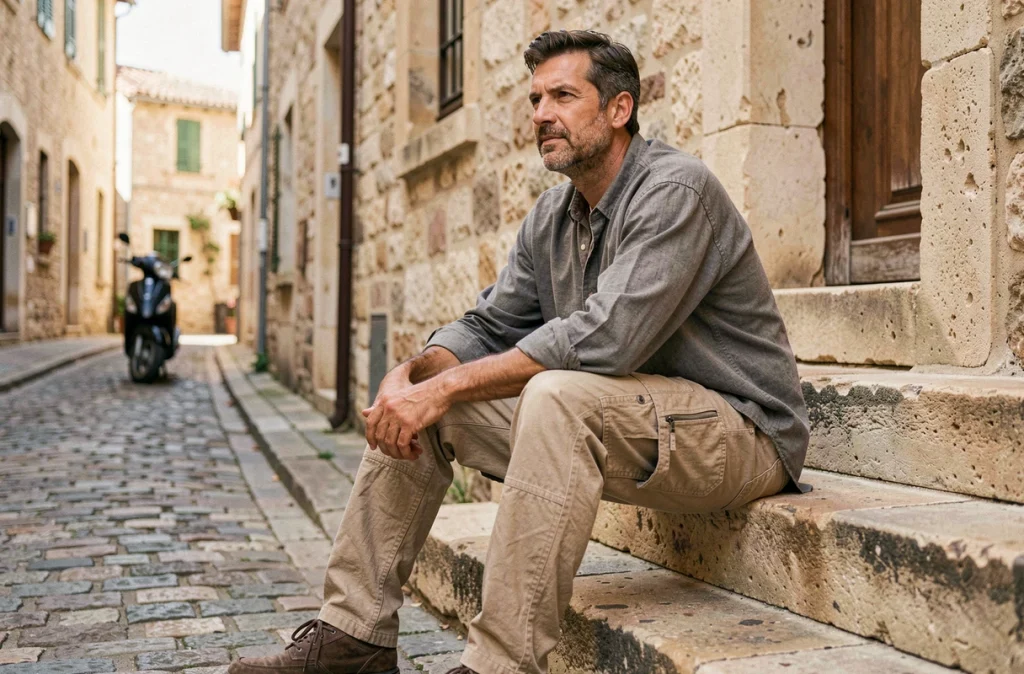 Homme en pantalon cargo beige assis sur des marches en pierre dans une rue européenne pavée