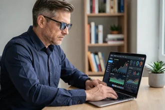 Homme d'une quarantaine d'années consultant son portefeuille de cryptomonnaies sur un ordinateur portable dans un bureau à domicile moderne