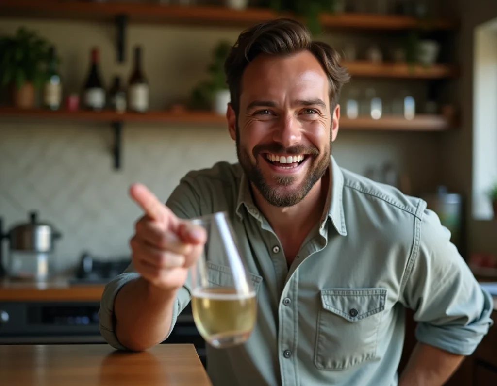 Homme souriant racontant une blague en cuisine lors d'une soirée entre amis, atmosphère détendue et conviviale