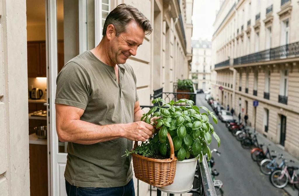 Homme récoltant du basilic frais sur son balcon parisien avec vue sur les toits hausmanniens de la ville
