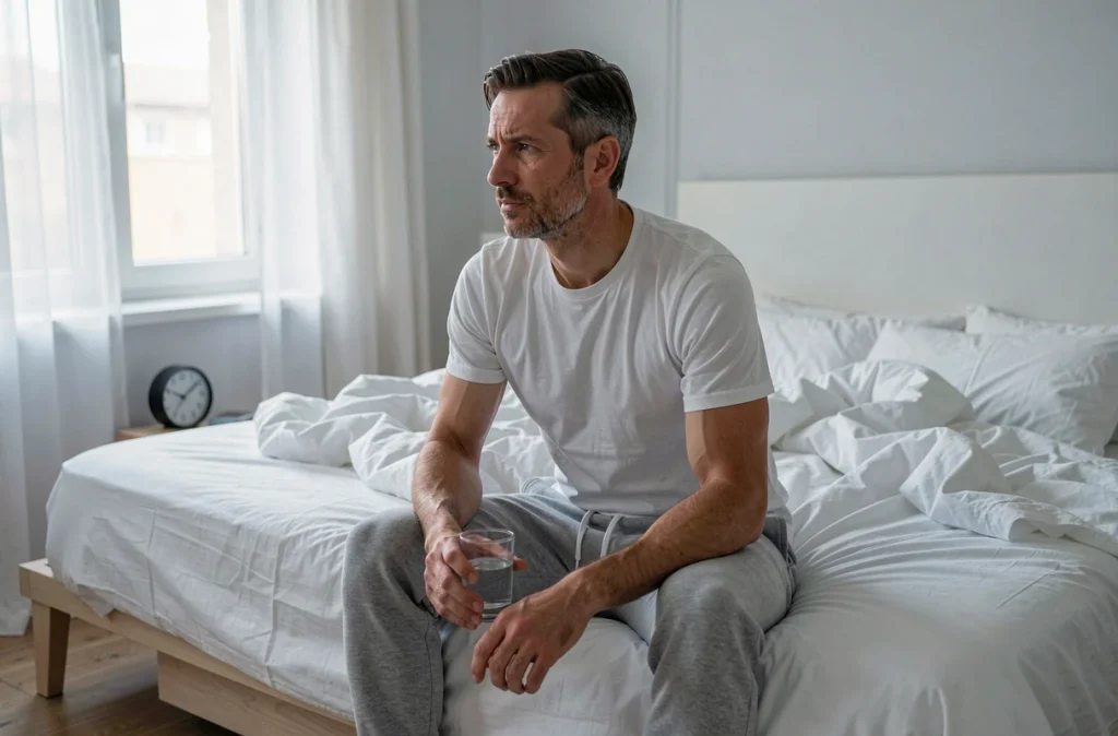 Homme assis sur le bord du lit au réveil tenant un verre d'eau, évoquant les effets du sommeil sur les hormones et la récupération