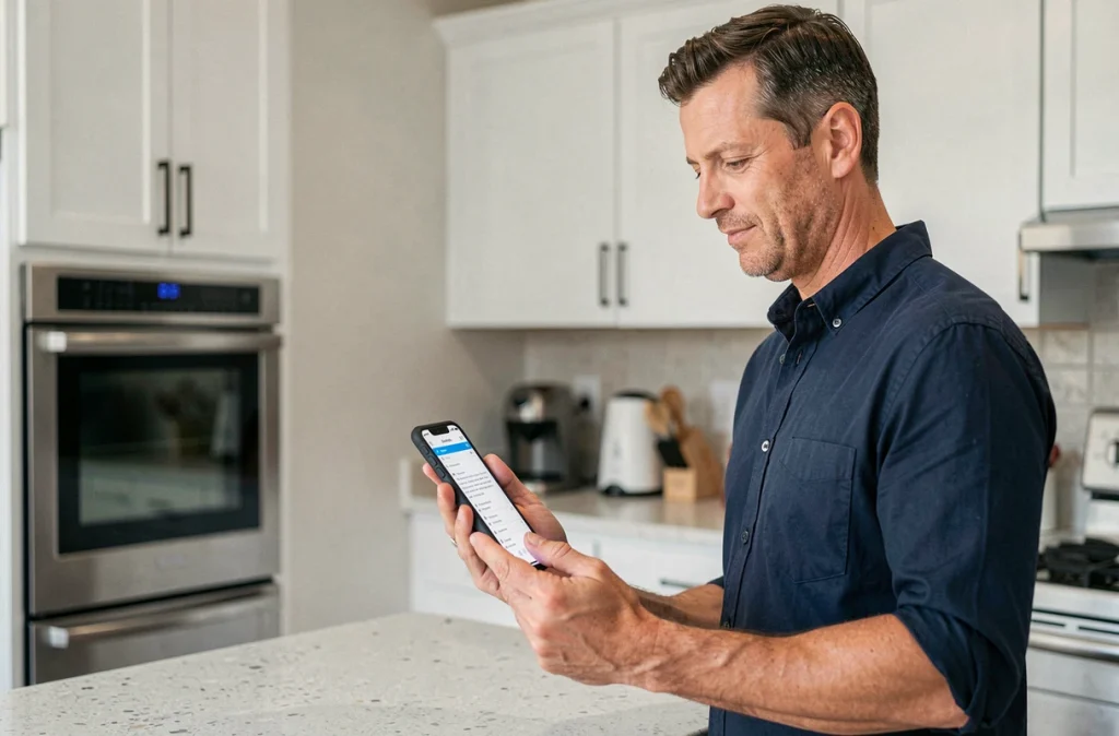 Homme consultant sa boîte mail sur smartphone en attendant une réponse du service client Darty dans sa cuisine