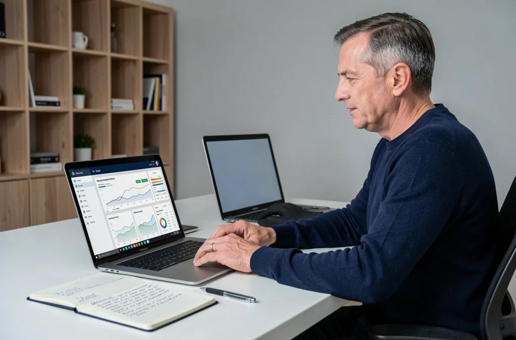 Homme consultant un tableau de bord de finances personnelles sur ordinateur dans un bureau à domicile