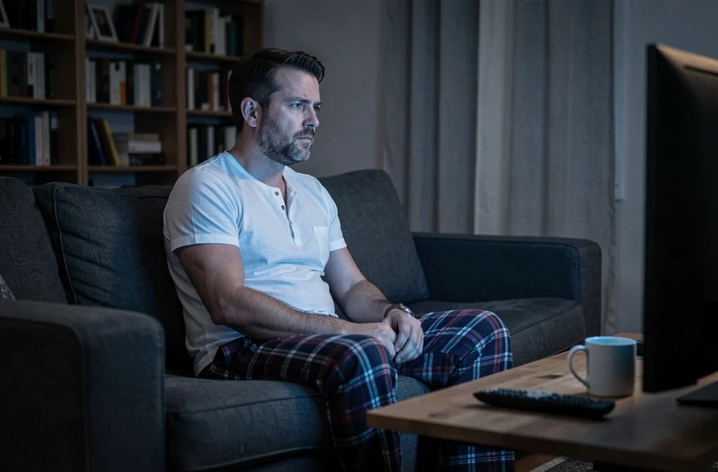 Homme somnolent devant la télévision tard le soir dans son salon, nuisant à la qualité de son sommeil