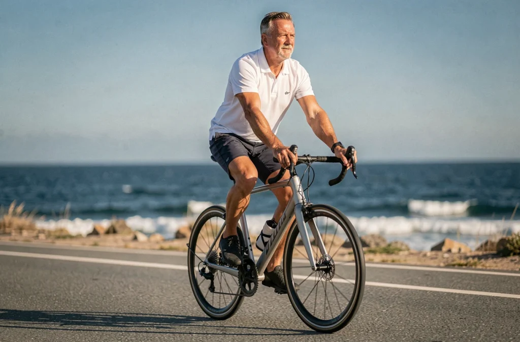 Homme d'âge mûr faisant du vélo sur une piste côtière, illustrant les bienfaits de l'exercice régulier sur la prévention du diabète de type 2