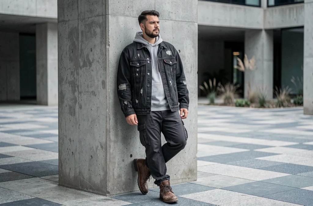Homme en veste oversize en jean noire appuyé contre un pilier en béton dans un quartier urbain