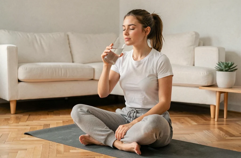 Jeune femme buvant un verre d'eau après une séance de yoga, illustrant l'hydratation pour le bien-être mental et la récupération cognitive