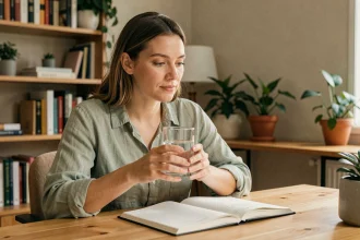 Femme hydratée concentrée à son bureau avec un verre d'eau, illustrant le lien entre hydratation et fonctions cognitives