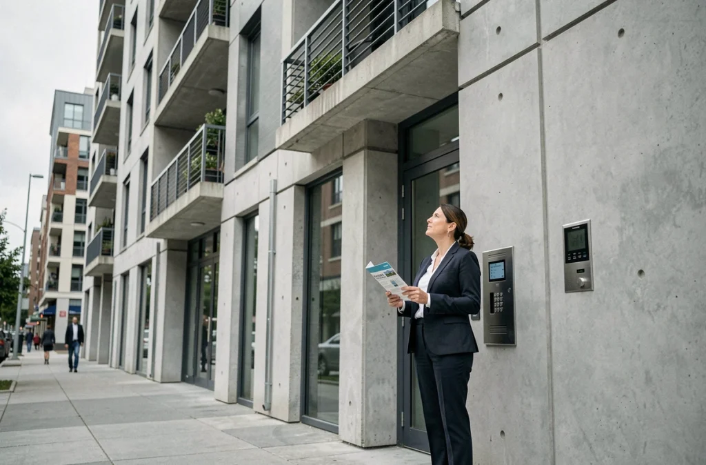Femme devant un immeuble résidentiel moderne en ville, illustrant le choix d'un logement en appartement urbain