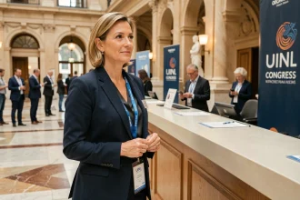Professionnelle lors de son inscription au congrès UINL Paris, tenant son badge de participant dans un hall de convention parisien