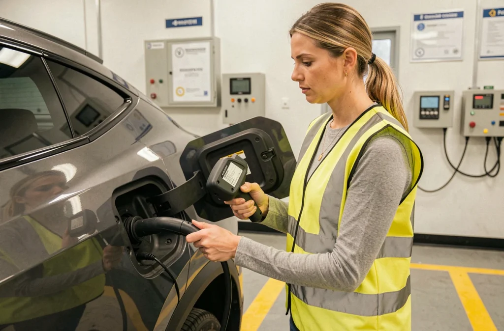 Inspectrice technique contrôlant le port de charge d'un SUV électrique dans un centre de contrôle technique agréé
