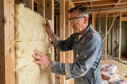 Artisan installant de la laine minérale dans les murs d'une maison en rénovation pour améliorer l'isolation thermique