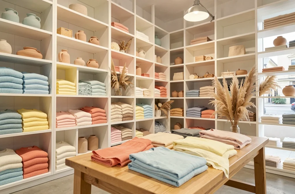 Intérieur de concept store avec rayonnages en chêne blanc présentant des vêtements tricotés en couleurs pastel pour le printemps