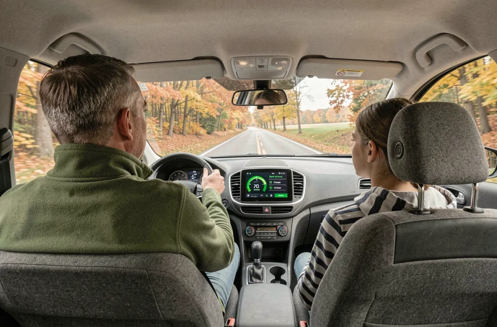 Vue intérieure d'une voiture hybride familiale avec un père et sa fille adolescente sur une route de campagne automnale, tableau de bord hybride visible