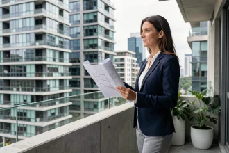 Femme investisseur immobilier sur le balcon d'un appartement neuf en ville avec plans architecturaux