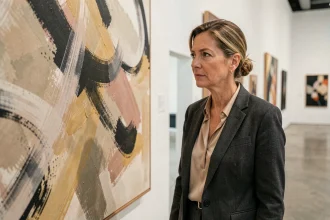 Investisseuse contemplant une œuvre d'art contemporain dans une galerie minimaliste aux murs blancs