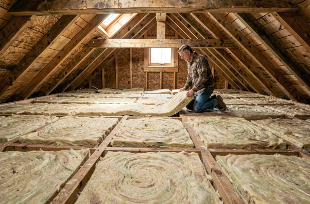 Propriétaire installant de la laine de verre dans les combles pour améliorer l'isolation thermique du logement