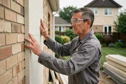 Artisan posant des panneaux d'isolation thermique sur la façade extérieure d'une maison individuelle