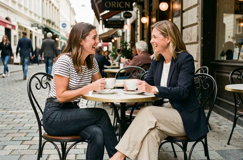 Deux femmes en jean taille haute à la terrasse d'un café parisien, look casual chic