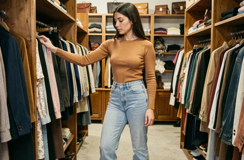 Jeune femme en jean taille haute flare et pull camel dans une boutique vintage