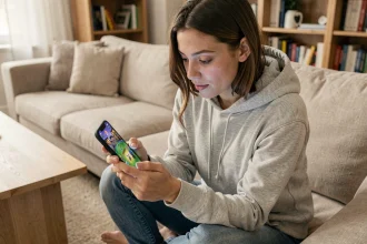 Jeune femme jouant à un jeu mobile sur smartphone dans un salon moderne, hésitant entre version gratuite et achats intégrés