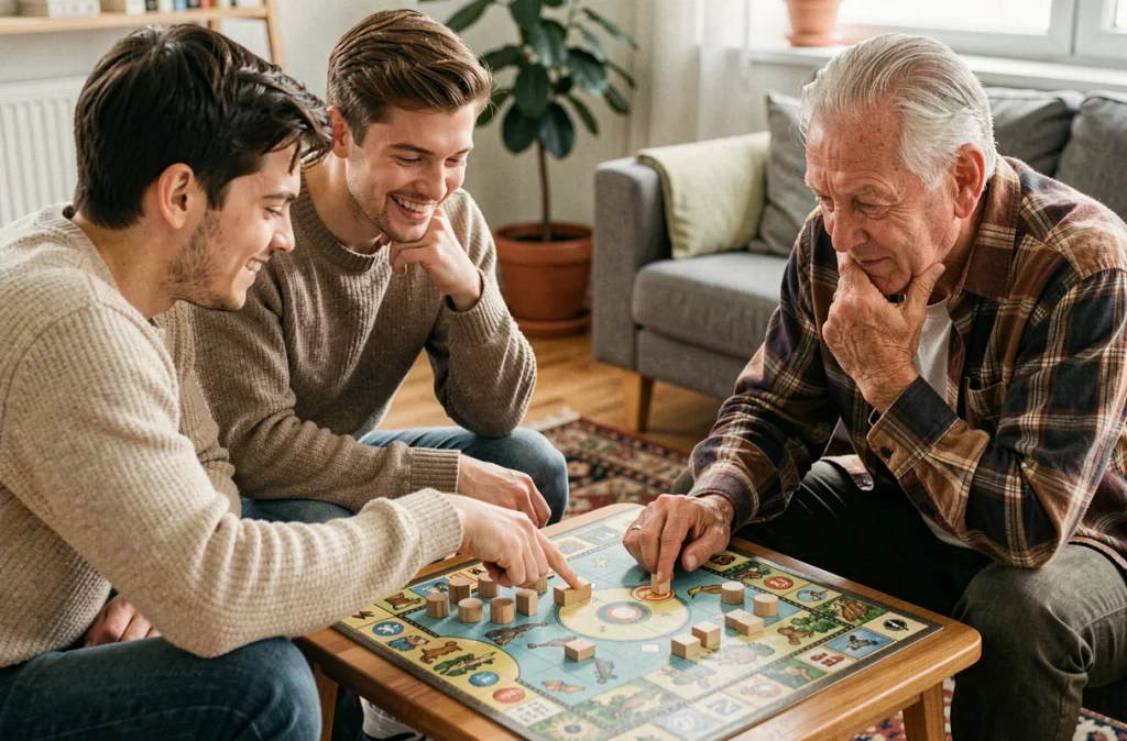 Adultes et grand-père concentrés sur un jeu de stratégie de société posé sur une table basse dans un appartement