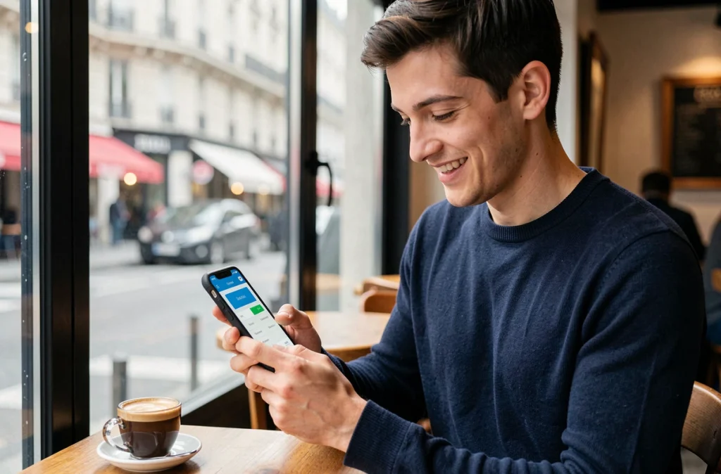 Jeune actif configurant une application bancaire mobile dans un café parisien