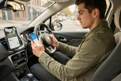 Jeune conducteur consultant une application d'assurance auto connectée sur son smartphone dans son véhicule